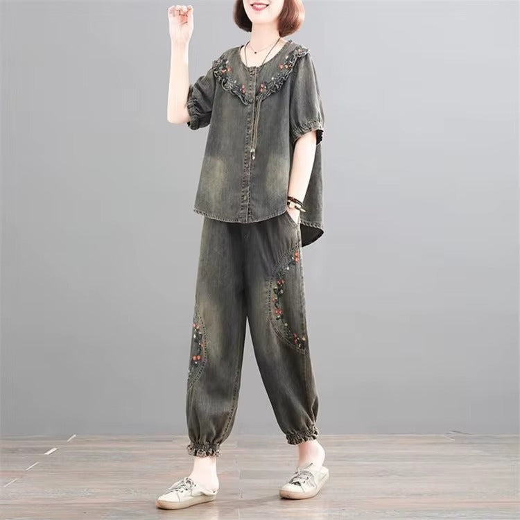 Retro Casual Loose Denim Shirt Elastic Waist Jeans Pants 2PCS Large Size Suit Mssza
