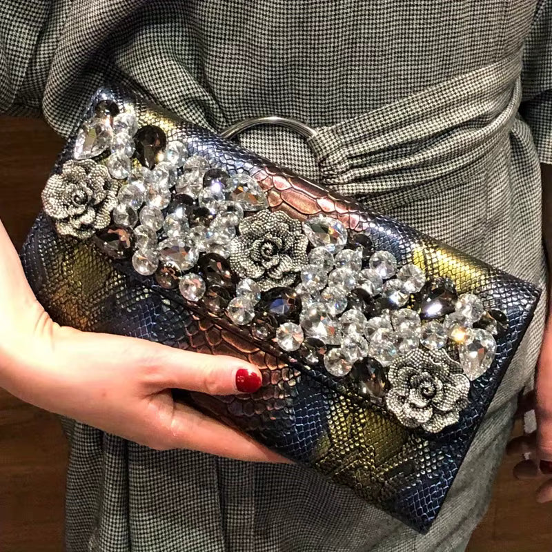 Retro Crocodile Pattern Banquet Envelope Floral Diamond Crossbody Clutch Bag Mssza