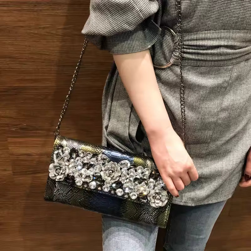 Retro Crocodile Pattern Banquet Envelope Floral Diamond Crossbody Clutch Bag Mssza