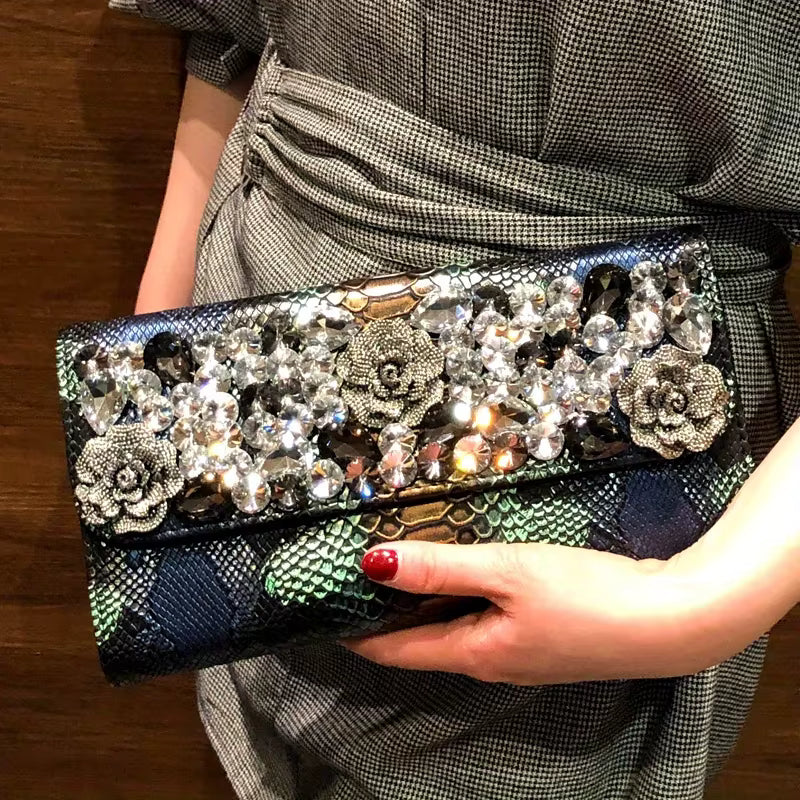 Retro Crocodile Pattern Banquet Envelope Floral Diamond Crossbody Clutch Bag Mssza