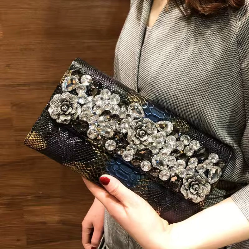 Retro Crocodile Pattern Banquet Envelope Floral Diamond Crossbody Clutch Bag Mssza
