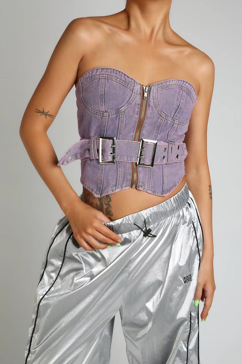 Retro Denim Tube Zipper Front Belted Streetwear Slim Tank Tops Mssza
