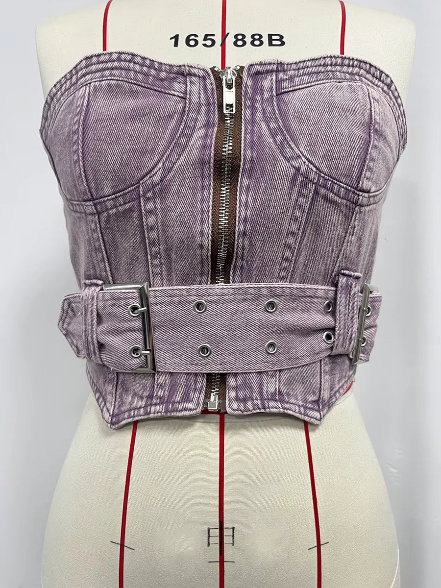 Retro Denim Tube Zipper Front Belted Streetwear Slim Tank Tops Mssza