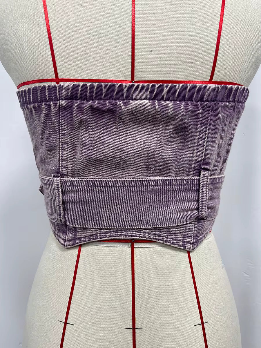 Retro Denim Tube Zipper Front Belted Streetwear Slim Tank Tops Mssza