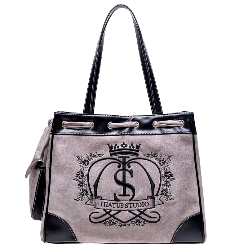 Retro Flower Letter Print Crown Embroidered Large Capacity Tote Vintage Handbag Mssza