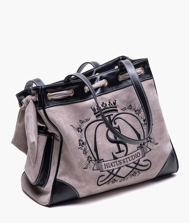 Retro Flower Letter Print Crown Embroidered Large Capacity Tote Vintage Handbag Mssza