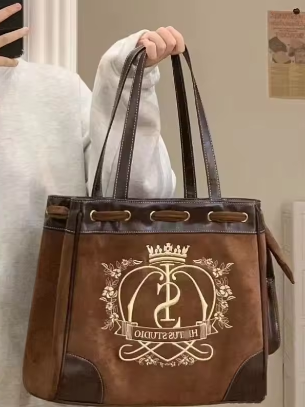 Retro Flower Letter Print Crown Embroidered Large Capacity Tote Vintage Handbag Mssza
