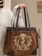 Retro Flower Letter Print Crown Embroidered Large Capacity Tote Vintage Handbag Mssza