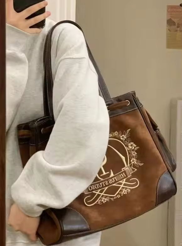 Retro Flower Letter Print Crown Embroidered Large Capacity Tote Vintage Handbag Mssza