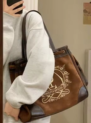 Retro Flower Letter Print Crown Embroidered Large Capacity Tote Vintage Handbag Mssza