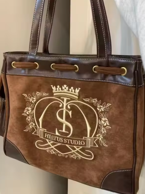 Retro Flower Letter Print Crown Embroidered Large Capacity Tote Vintage Handbag Mssza