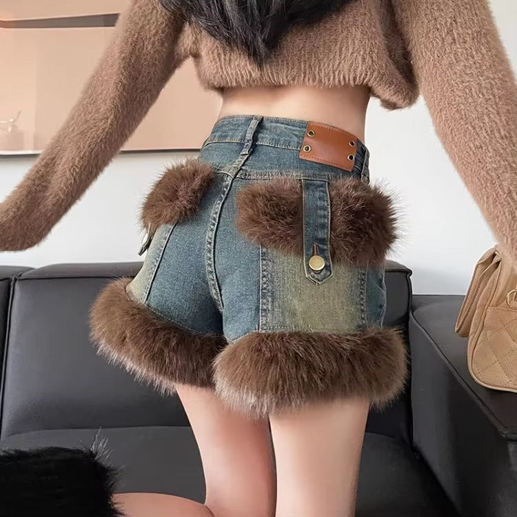 Retro Fluffy Patchwork Denim High Waist Loose Wide Leg Rivet Short Jeans Mssza