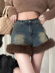 Retro Fluffy Patchwork Denim High Waist Loose Wide Leg Rivet Short Jeans Mssza