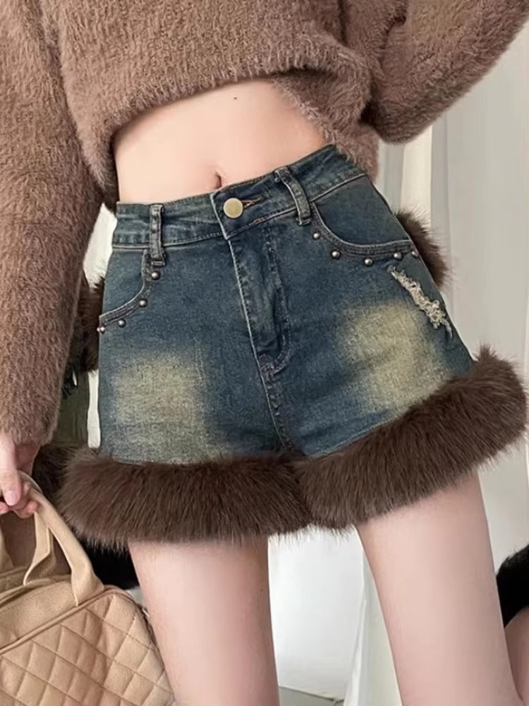 Retro Fluffy Patchwork Denim High Waist Loose Wide Leg Rivet Short Jeans Mssza