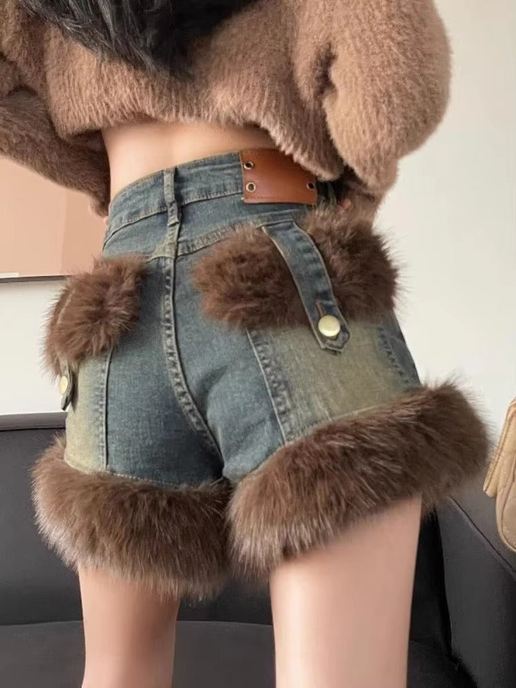 Retro Fluffy Patchwork Denim High Waist Loose Wide Leg Rivet Short Jeans Mssza