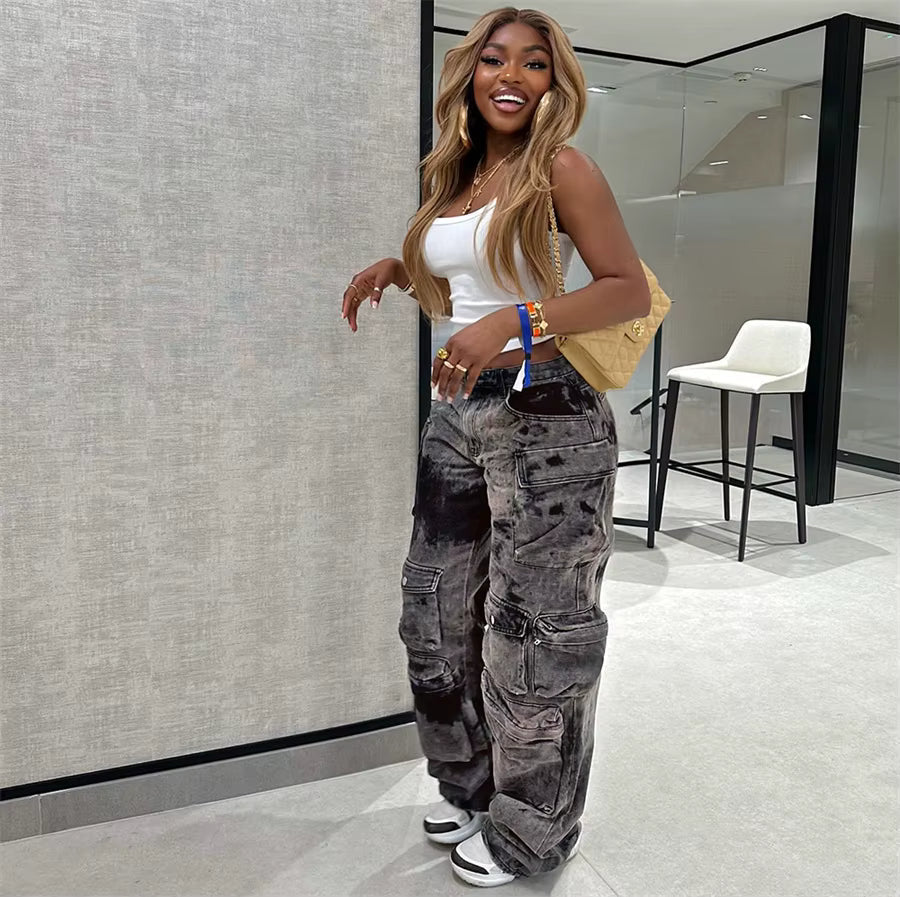 Retro Hip-hop High Waisted Multi-pocket Straight Streetwear Washed Cargo Pants Mssza
