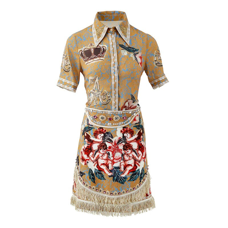 Retro Lapel Character Rose Flower Print Gorgeous Tassel Diamond Two Pieces Suits Mssza