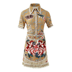 Retro Lapel Character Rose Flower Print Gorgeous Tassel Diamond Two Pieces Suits Mssza