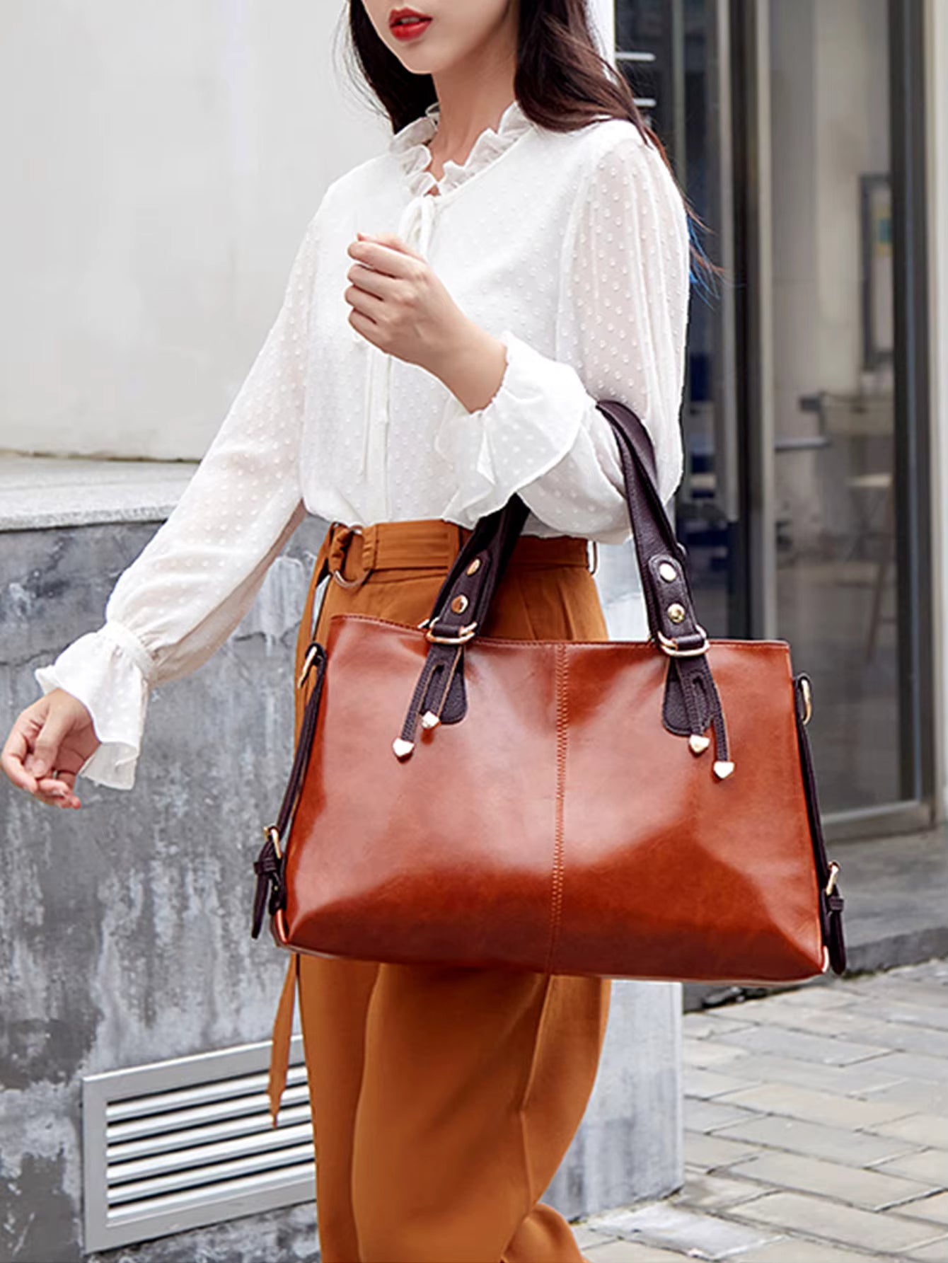 Retro Minimalist Atmosphere Large-Capacity Wide Shoulder Strap Solid Color Tote Bag Mssza