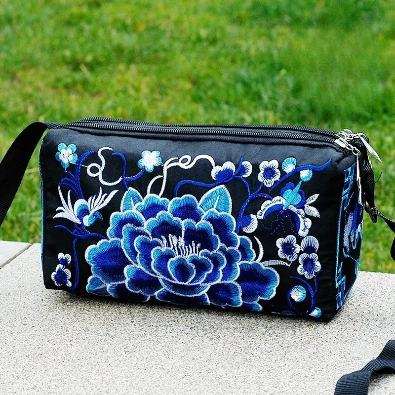 Retro Multi Floral Embroidery Bohemia Ethnic Canvas Small Messenger Shoulder Coin Purse Handbags Bag Mssza