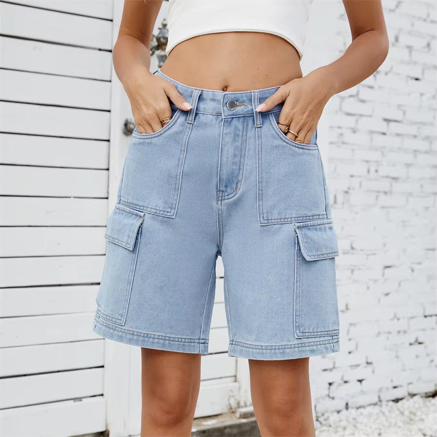 Retro Multi-pocket Cargo High Waist Loose Straight Wide Leg Jean Short Mssza