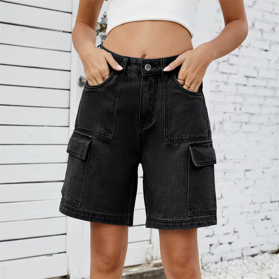 Retro Multi-pocket Cargo High Waist Loose Straight Wide Leg Jean Short Mssza