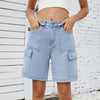 Retro Multi-pocket Cargo High Waist Loose Straight Wide Leg Jean Short Mssza