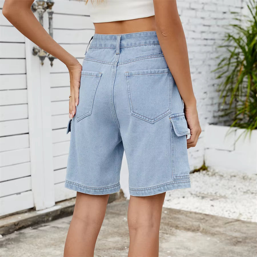 Retro Multi-pocket Cargo High Waist Loose Straight Wide Leg Jean Short Mssza