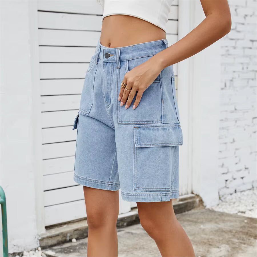 Retro Multi-pocket Cargo High Waist Loose Straight Wide Leg Jean Short Mssza