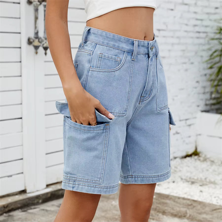 Retro Multi-pocket Cargo High Waist Loose Straight Wide Leg Jean Short Mssza