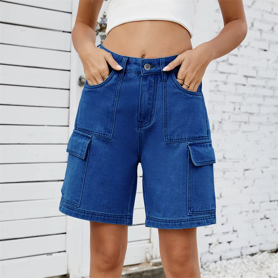Retro Multi-pocket Cargo High Waist Loose Straight Wide Leg Jean Short Mssza