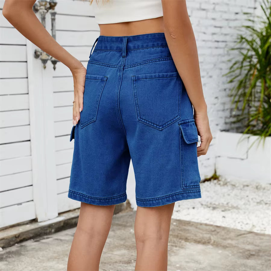 Retro Multi-pocket Cargo High Waist Loose Straight Wide Leg Jean Short Mssza