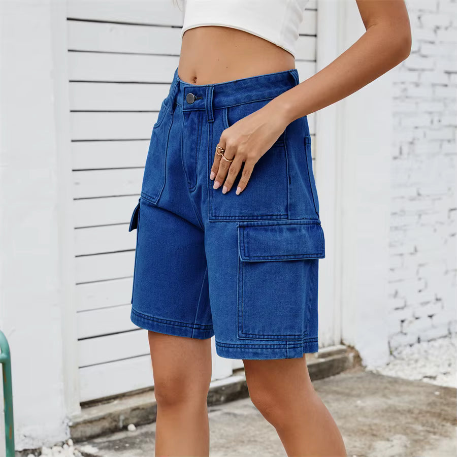 Retro Multi-pocket Cargo High Waist Loose Straight Wide Leg Jean Short Mssza
