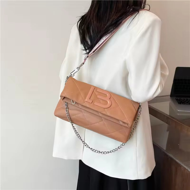Retro PU Leather Large Capacity Square Simple Chain Shoulder Crossbody Bag Mssza