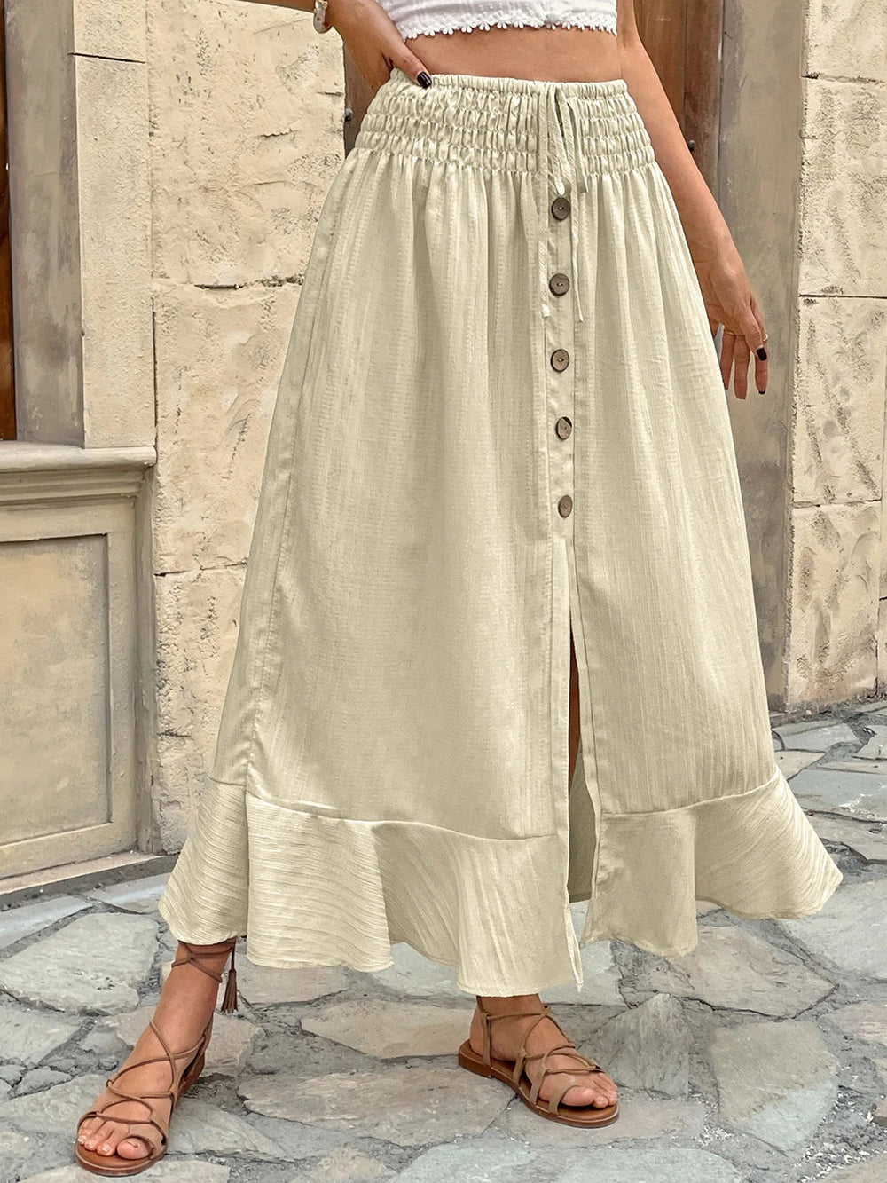 Retro Patchwork Elastic Waistband Button Ruffle Daily Versatile Split Full Length Skirt Mssza