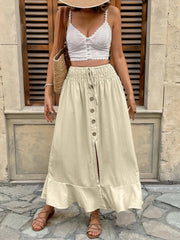 Retro Patchwork Elastic Waistband Button Ruffle Daily Versatile Split Full Length Skirt Mssza