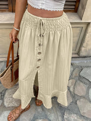 Retro Patchwork Elastic Waistband Button Ruffle Daily Versatile Split Full Length Skirt Mssza