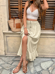 Retro Patchwork Elastic Waistband Button Ruffle Daily Versatile Split Full Length Skirt Mssza
