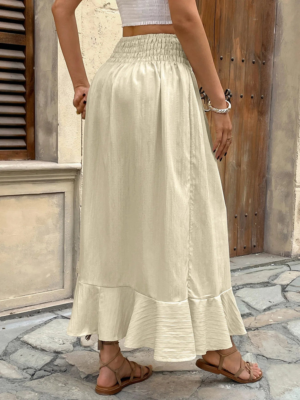 Retro Patchwork Elastic Waistband Button Ruffle Daily Versatile Split Full Length Skirt Mssza