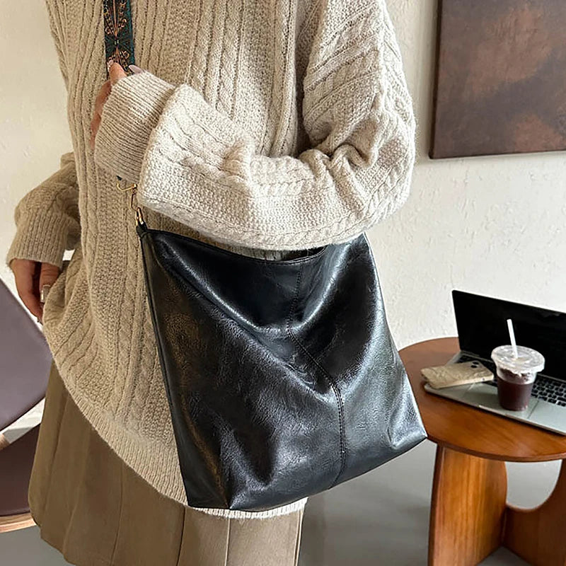 Retro Pu Leather Wide Geometric Strap Large Capacity Shopping Travel Crossbody Shoulder Bag Mssza