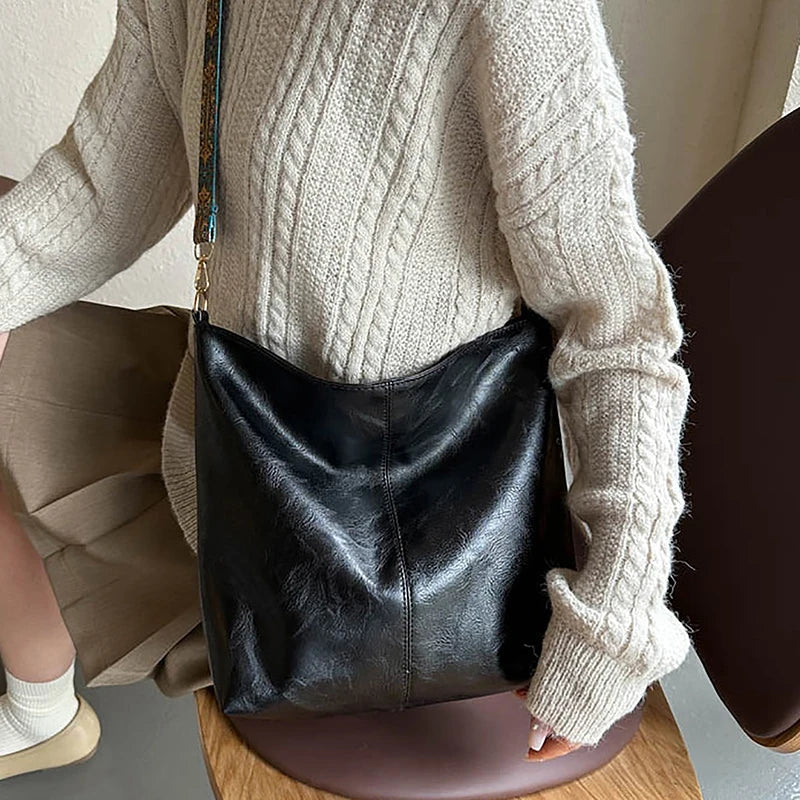 Retro Pu Leather Wide Geometric Strap Large Capacity Shopping Travel Crossbody Shoulder Bag Mssza
