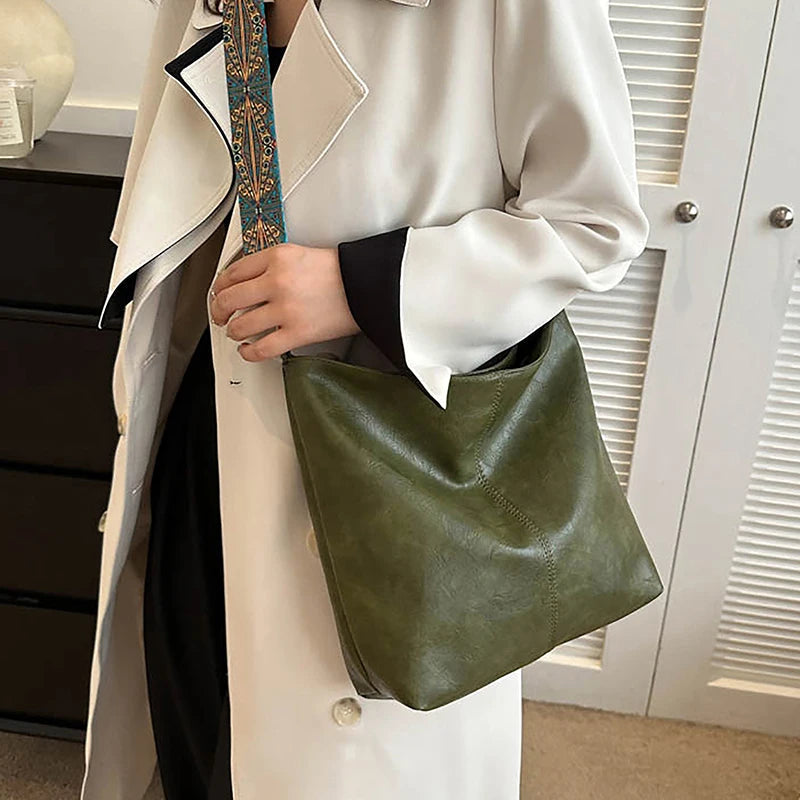 Retro Pu Leather Wide Geometric Strap Large Capacity Shopping Travel Crossbody Shoulder Bag Mssza