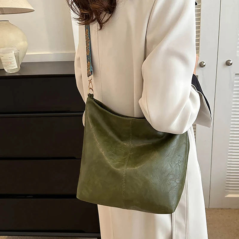 Retro Pu Leather Wide Geometric Strap Large Capacity Shopping Travel Crossbody Shoulder Bag Mssza