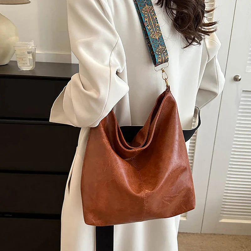 Retro Pu Leather Wide Geometric Strap Large Capacity Shopping Travel Crossbody Shoulder Bag Mssza