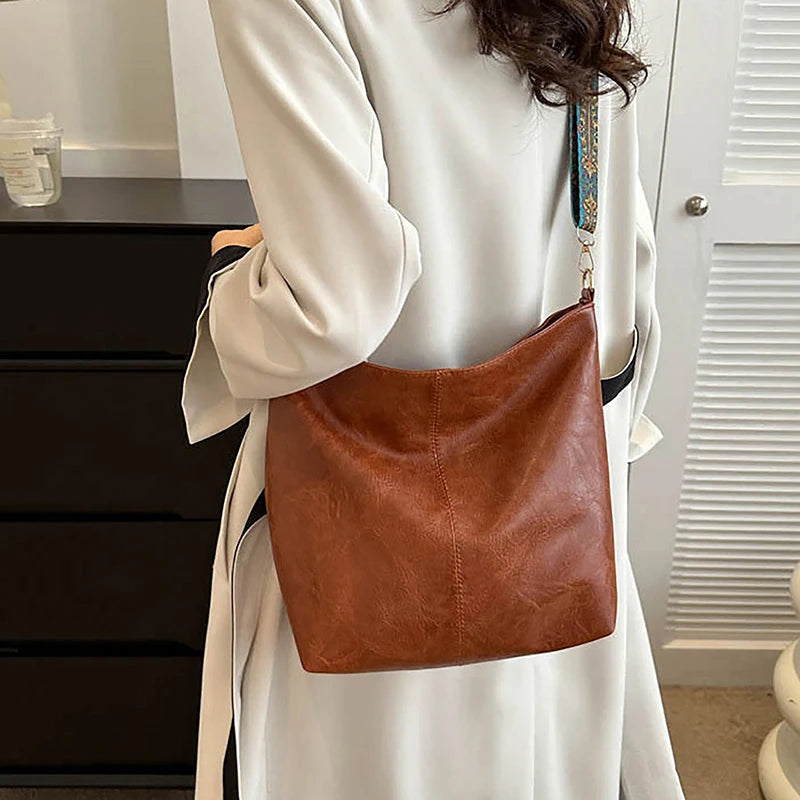 Retro Pu Leather Wide Geometric Strap Large Capacity Shopping Travel Crossbody Shoulder Bag Mssza