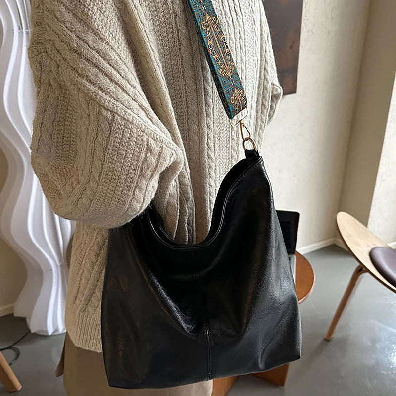 Retro Pu Leather Wide Geometric Strap Large Capacity Shopping Travel Crossbody Shoulder Bag Mssza