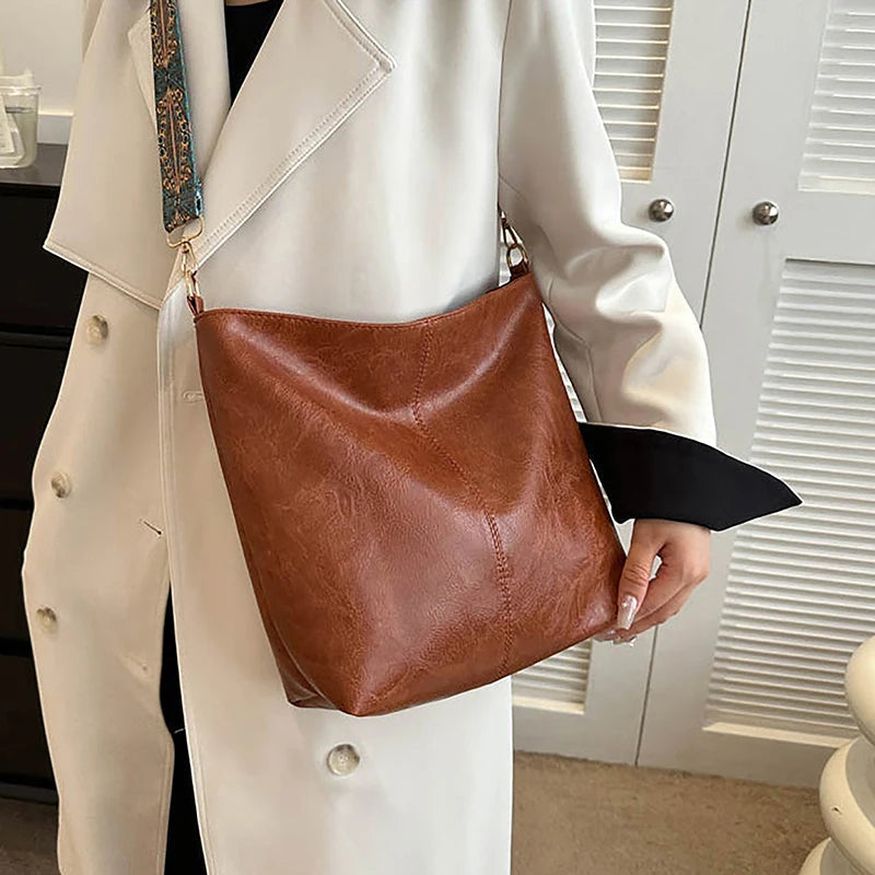 Retro Pu Leather Wide Geometric Strap Large Capacity Shopping Travel Crossbody Shoulder Bag Mssza