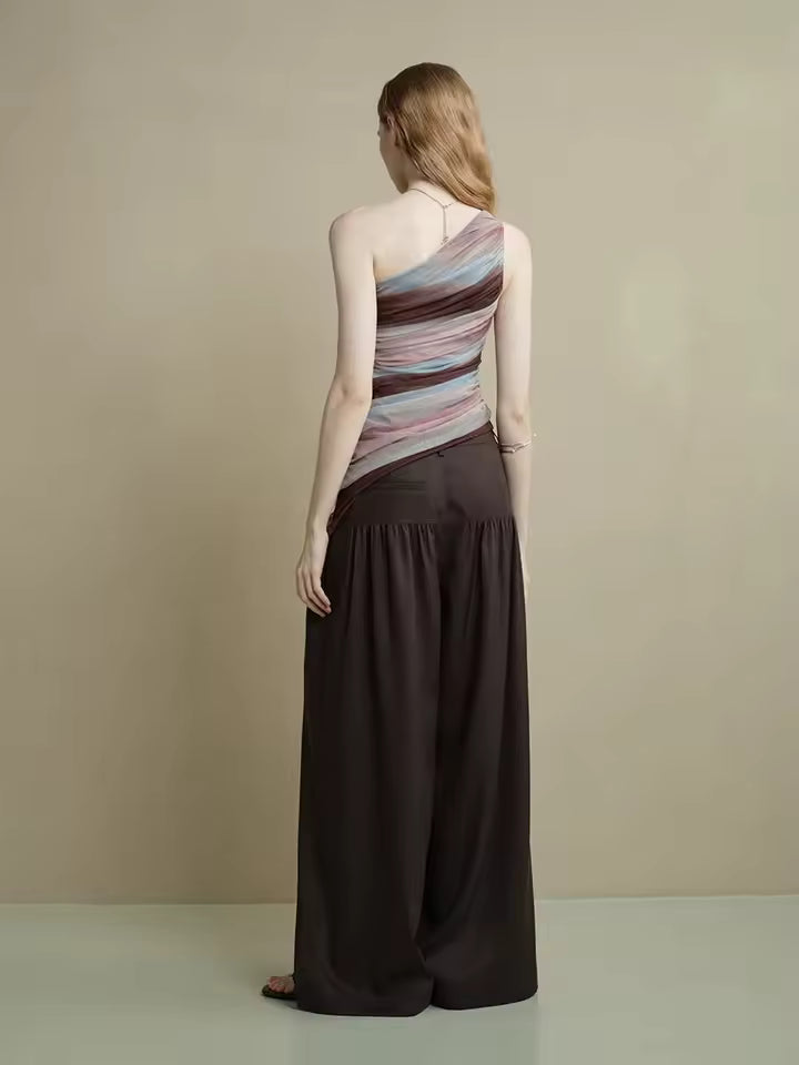 Retro Single Shoulder Slant Shoulder Design Mesh Top Mssza
