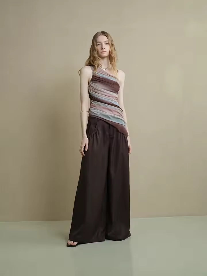 Retro Single Shoulder Slant Shoulder Design Mesh Top Mssza