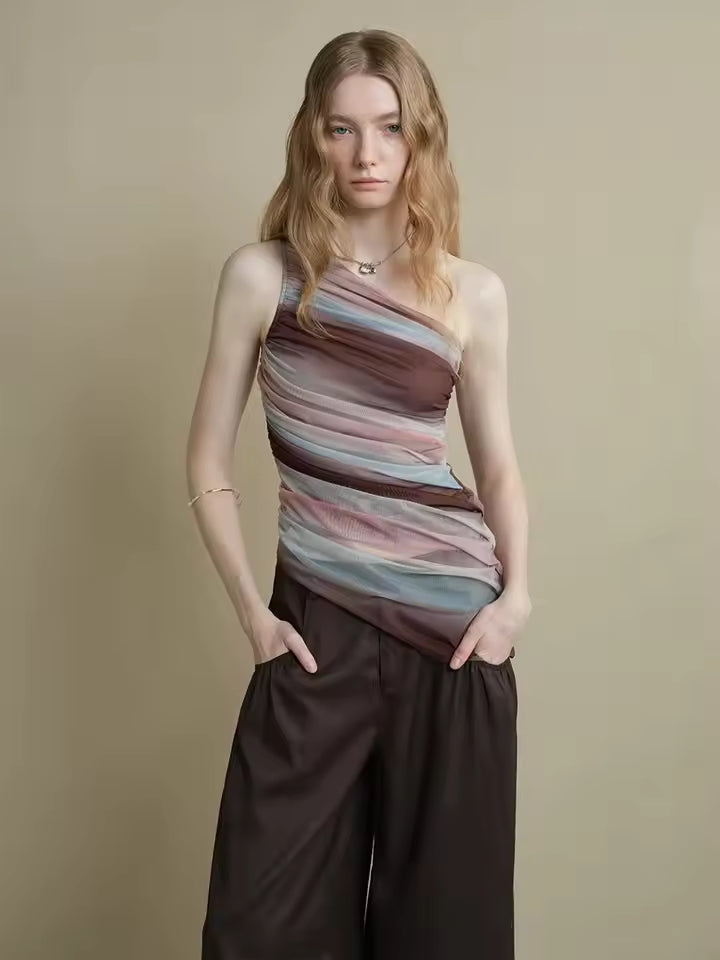 Retro Single Shoulder Slant Shoulder Design Mesh Top Mssza
